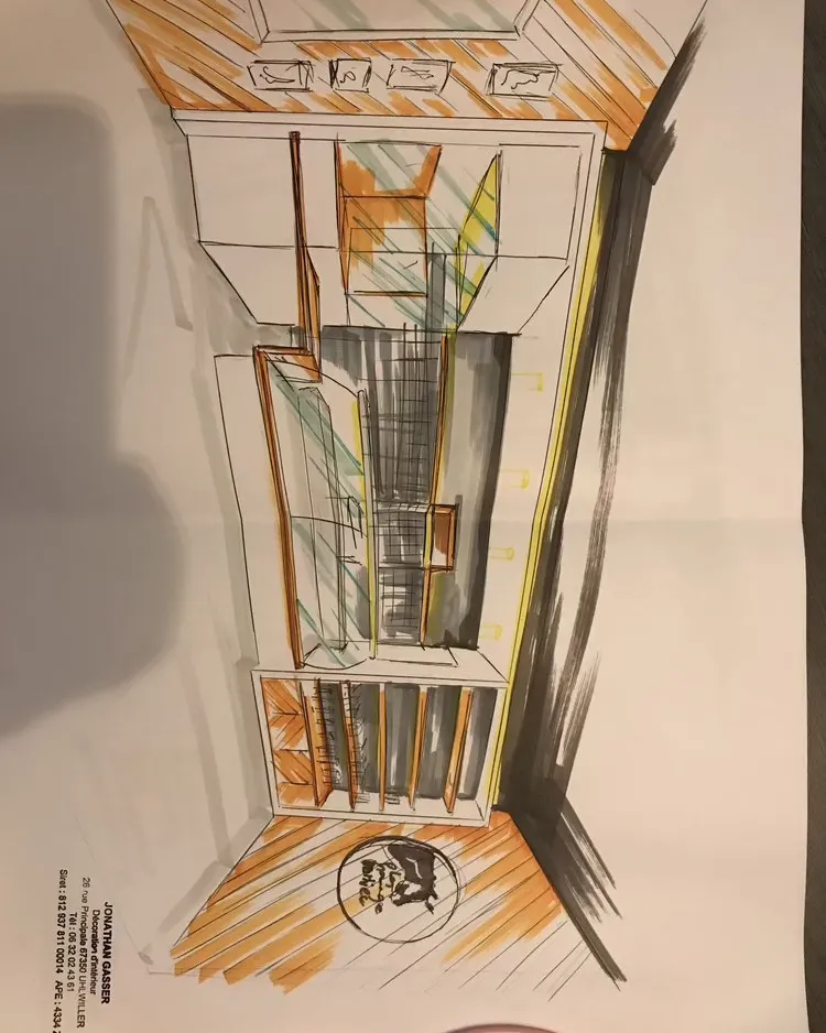 Croquis en couleur d'un décor de mur et de plafond, dessiné à la main